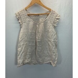 Sunflower Beige Linen Sleeveless Blouse Sz M Made In Italy Crochet Lace Boho